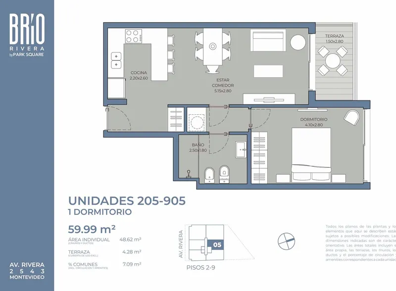 Venta Apartamento en piso 5 de 1 dormitorio en Pocitos